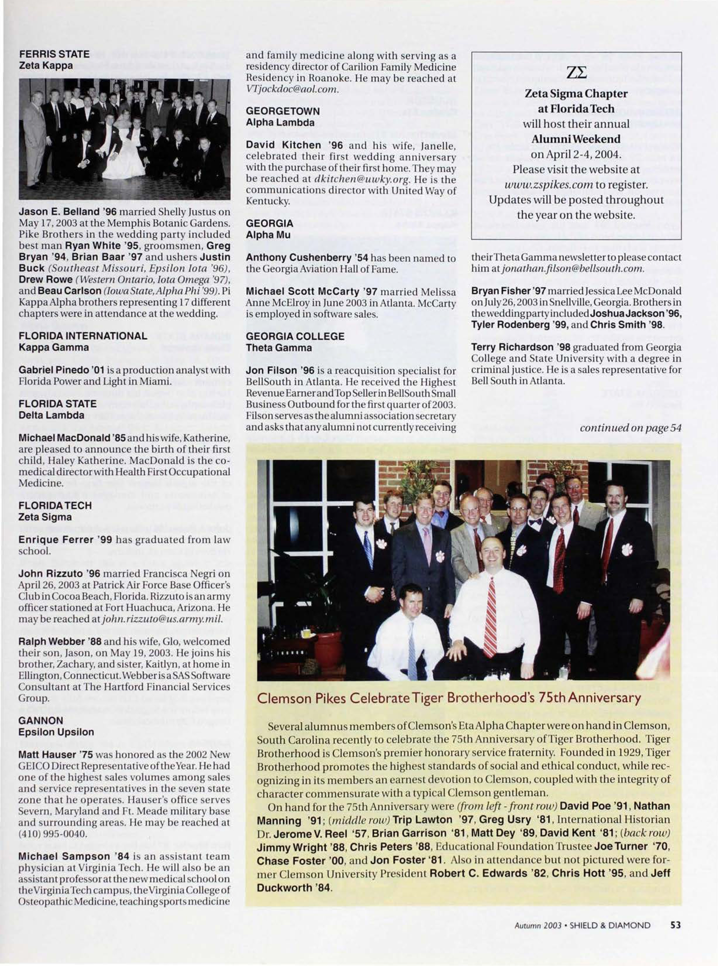 Clemson Pikes Celebrate Tiger Brotherhood's 75th Anniversary